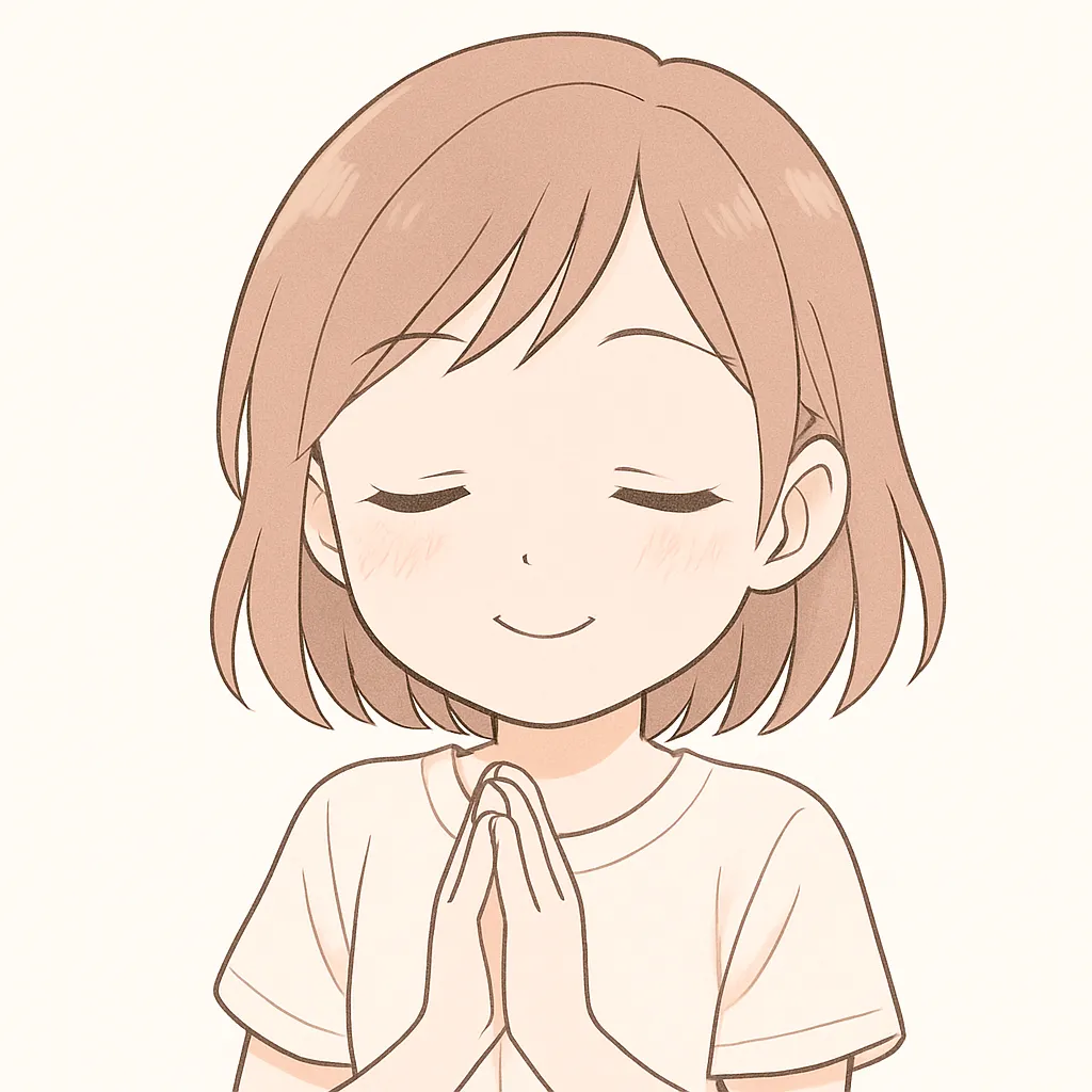 顔文字ぺこりな女の子｜目を閉じて手を合わせるぺこりの仕草が丁寧な印象を与える。淡い色合いと落ち着いた線が穏やかな空気感を演出。(｡-人-｡)
