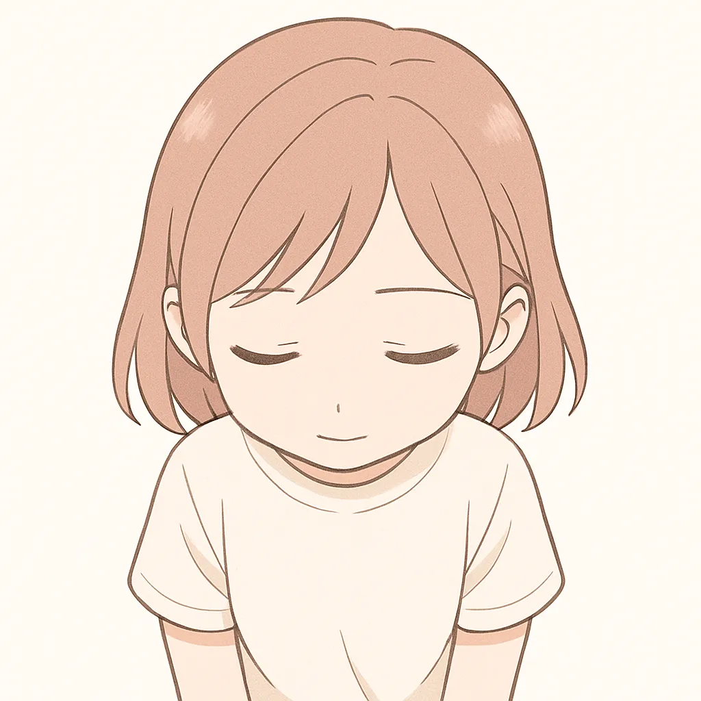 顔文字お辞儀な女の子｜丁寧に頭を下げるお辞儀のポーズが礼儀正しさを感じさせる一枚。シンプルな構図で表情も落ち着いたトーンに。(＿ ＿)
