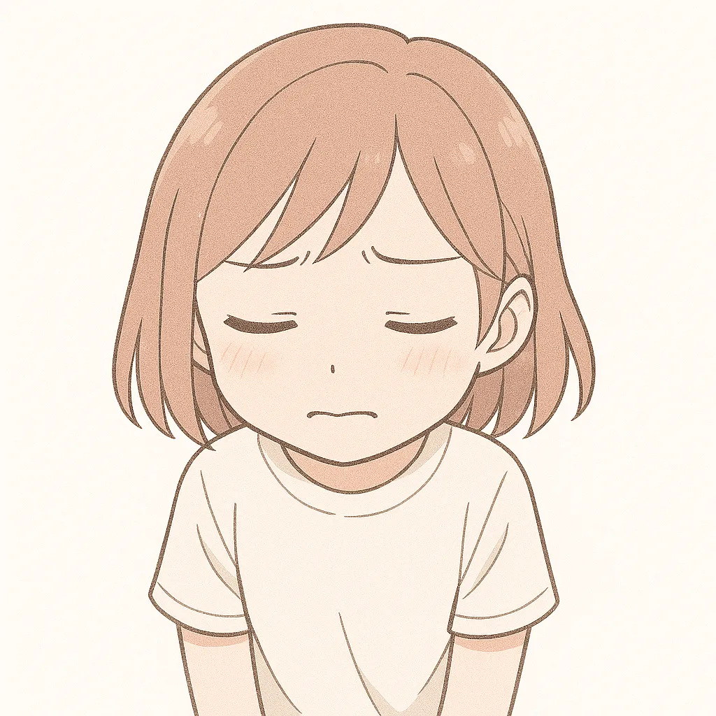 顔文字謝るな女の子｜申し訳なさそうに目を伏せる謝る姿が、見る人の心を打つ。柔らかな線と繊細な表情が特徴。(＞人＜;)