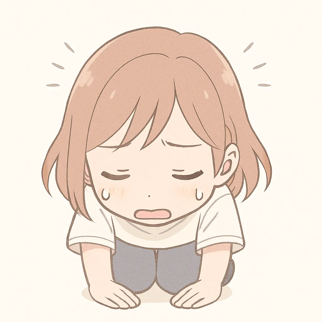 顔文字ごめんな女の子｜汗をかきながら深く頭を下げるごめんのポーズが全力で謝る気持ちを表現。必死さが可愛らしくも伝わる。(＞△＜)