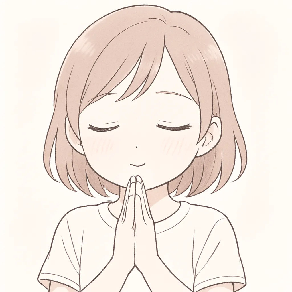 顔文字祈るな女の子｜目を閉じて静かに祈る姿が落ち着いた雰囲気を漂わせる。柔らかな線と淡い色合いで敬虔さを表現している。(｡-人-｡)