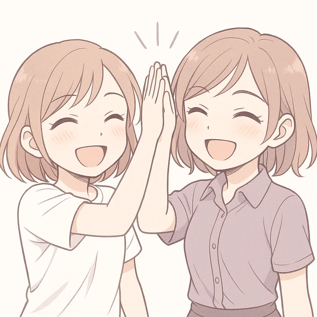 顔文字仲間な女の子｜仲間同士でハイタッチする笑顔の女の子たち。あたたかみのある線と表情が友情の楽しさを引き立てる。ヽ(＾▽＾)人(＾▽＾)ノ