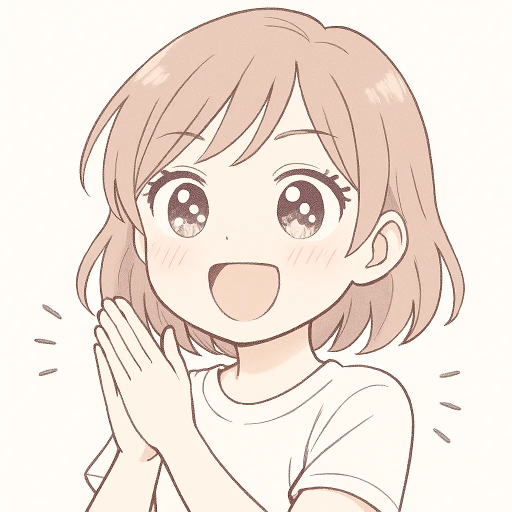 顔文字パチパチな女の子｜瞳を輝かせながらパチパチと拍手を送る姿が愛らしい。キラキラ感のあるタッチで感情が弾けるように描かれている。(ﾉ*>∀<)ﾉ♡