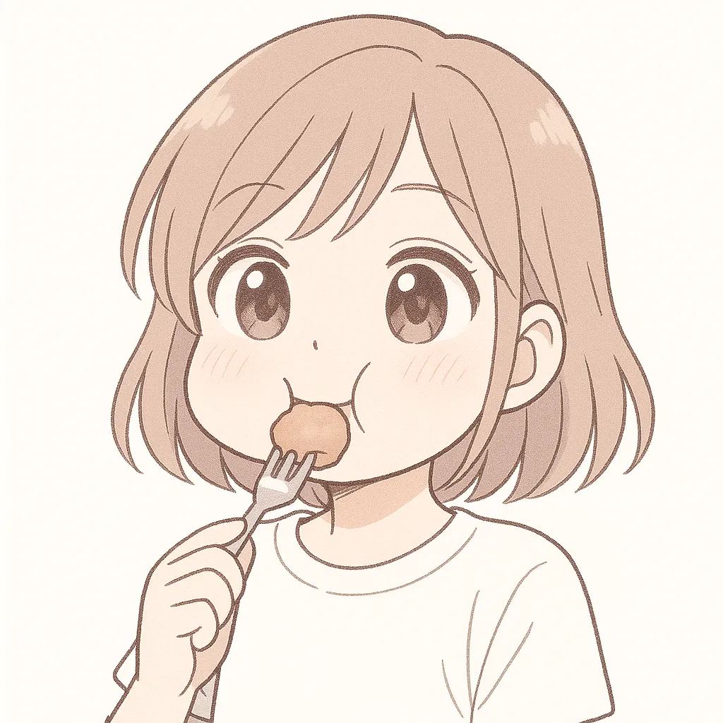 顔文字もぐもぐな女の子｜ほっぺを膨らませてもぐもぐと食べる仕草が可愛らしく、シンプルで親しみやすい色彩が印象的。(๑´ڡ`๑)