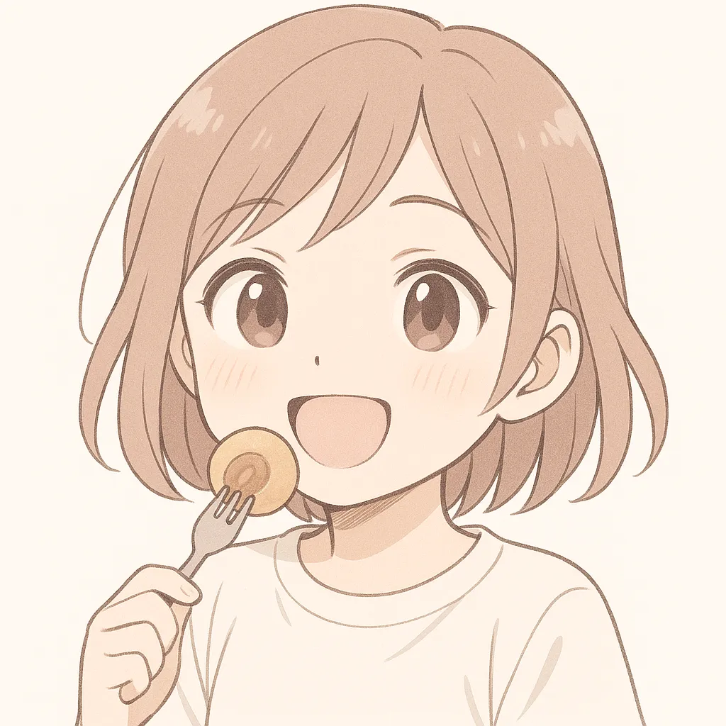 顔文字食べるな女の子｜笑顔でフォークを持つ姿が、楽しく食べる様子を元気に伝えてくれる。明るい雰囲気が食欲をそそる。(＾〜＾)