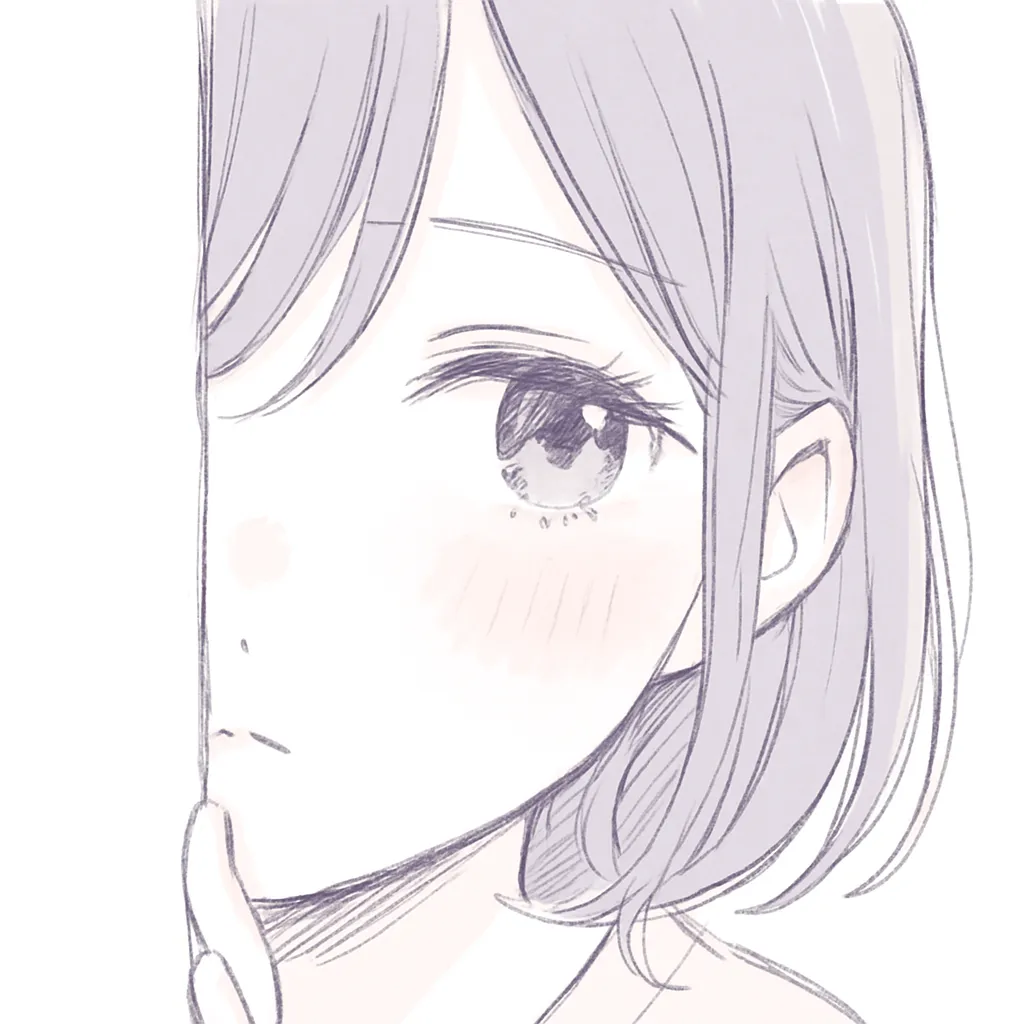 覗く顔文字｜そっと角から覗き込む仕草を、やわらかな線と光で描きました。顔の一部だけが見える構図が (・∀・) チラッ を思わせます。隠れているようで、しっかりとこちらを見ている目線が印象的な一枚です。