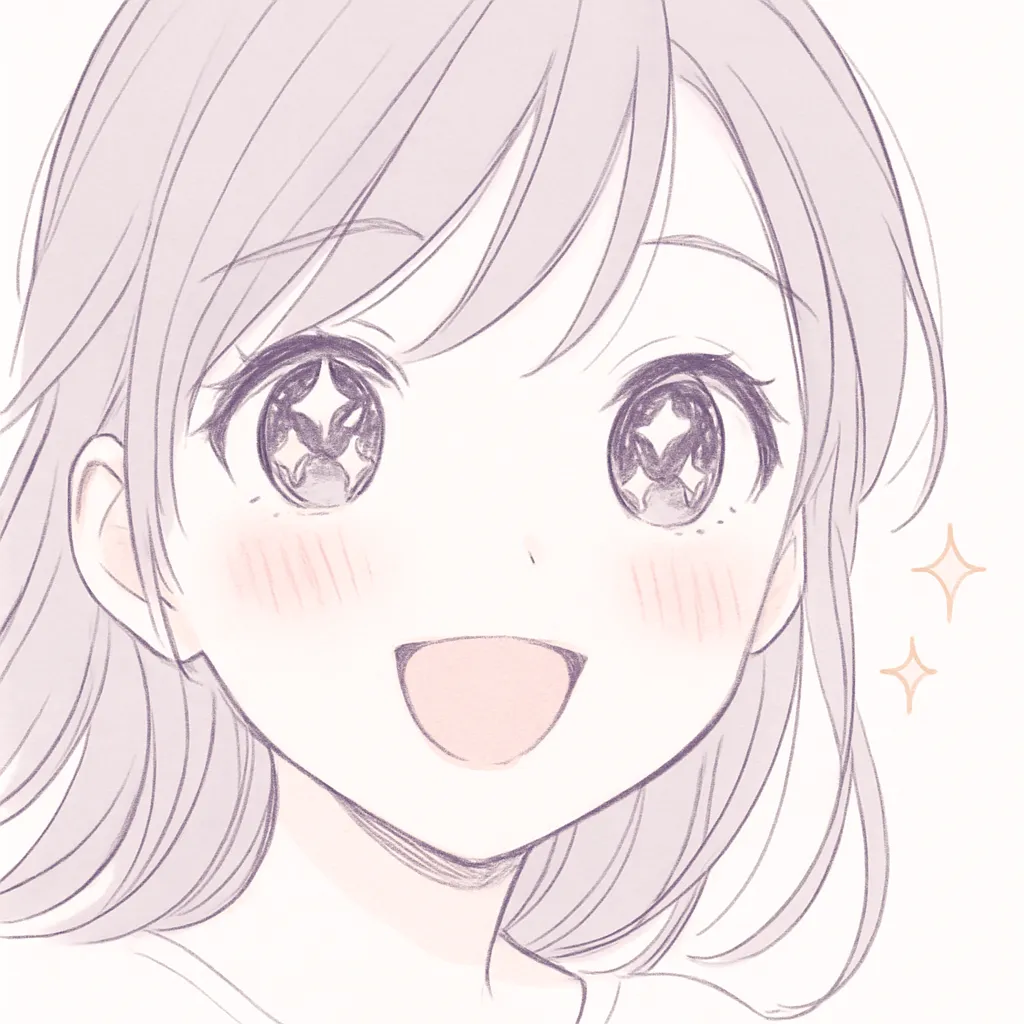 キラキラ顔文字｜まばゆい瞳とほほえみを、やさしい光の層で包みこむように描きました。☆*:.｡. o(≧▽≦)o .｡.:*☆ のように、見る人の心までキラキラと輝かせるような雰囲気を意識しています。まつげやハイライトにも細かな輝きを。