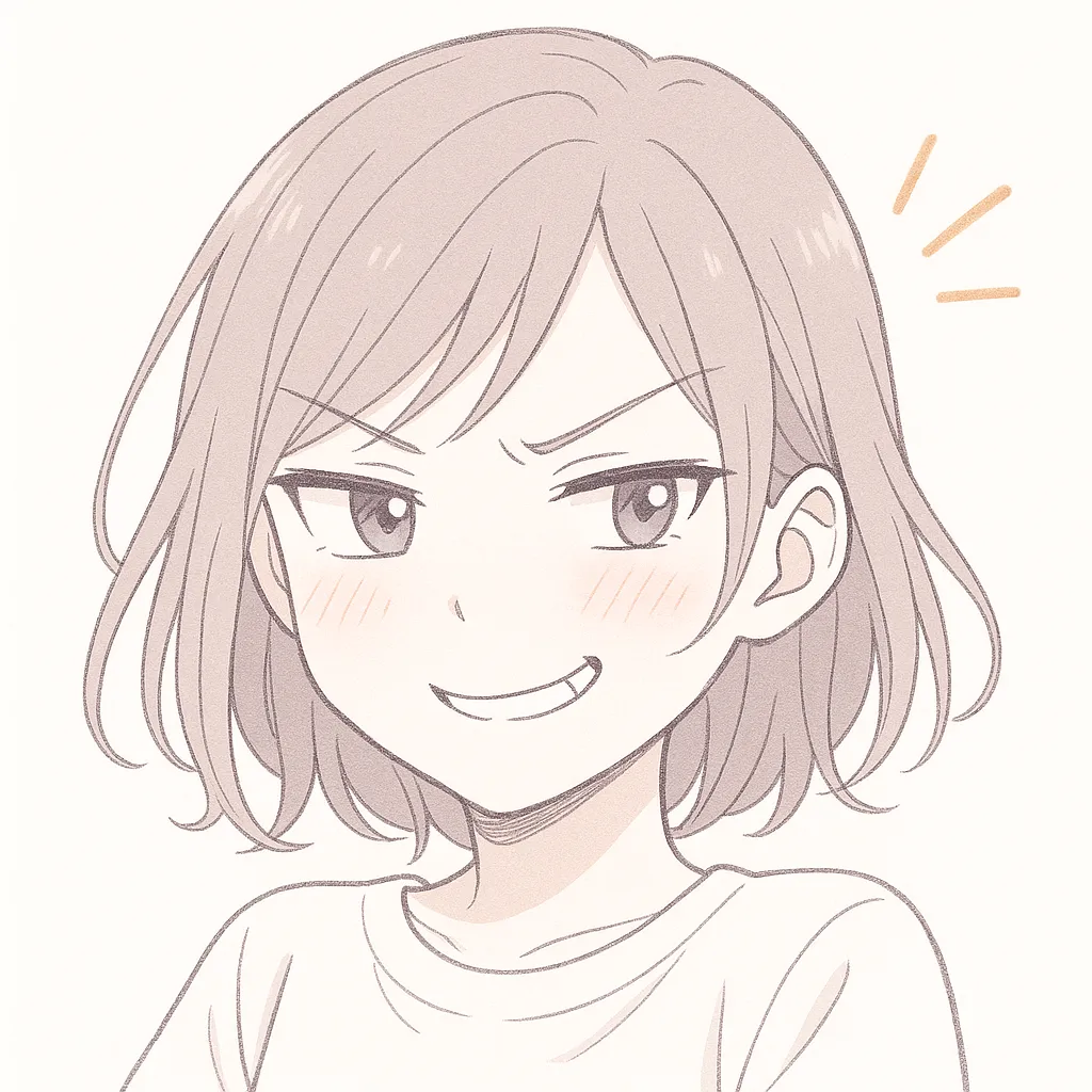顔文字ニヤリ顔の女の子 (¬‿¬)｜少し小悪魔的な笑みを浮かべる女の子がニヤリの感情を表現しています。軽やかな線と柔らかな陰影が、アニメ風ながらも感情の奥行きを感じさせる一枚。参考AA：(¬‿¬)