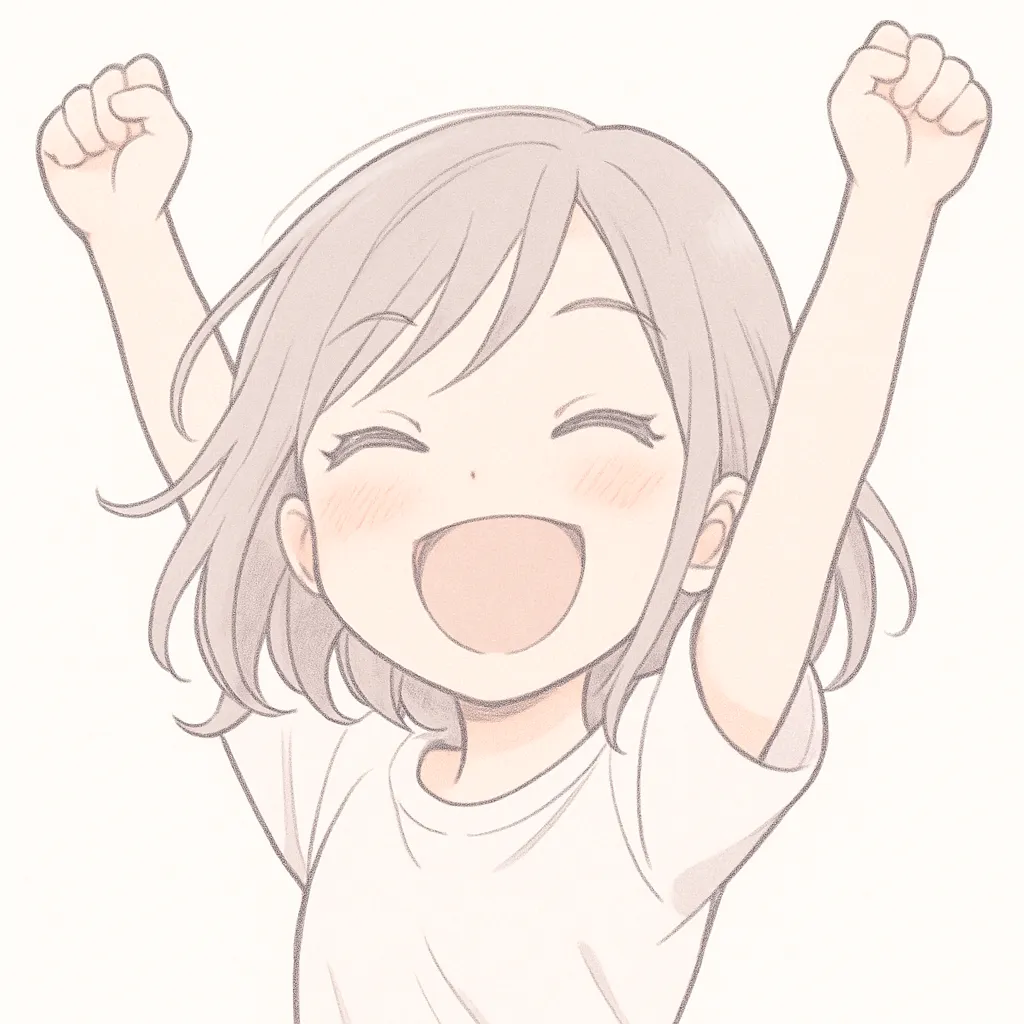 顔文字わーいな女の子 ヽ(*´∀｀)ﾉ｜両手を挙げてわーいと喜ぶ女の子が、活発で元気な雰囲気を演出しています。シンプルながら躍動感のある構図が印象的な作品です。参考AA：ヽ(*´∀｀)ﾉ