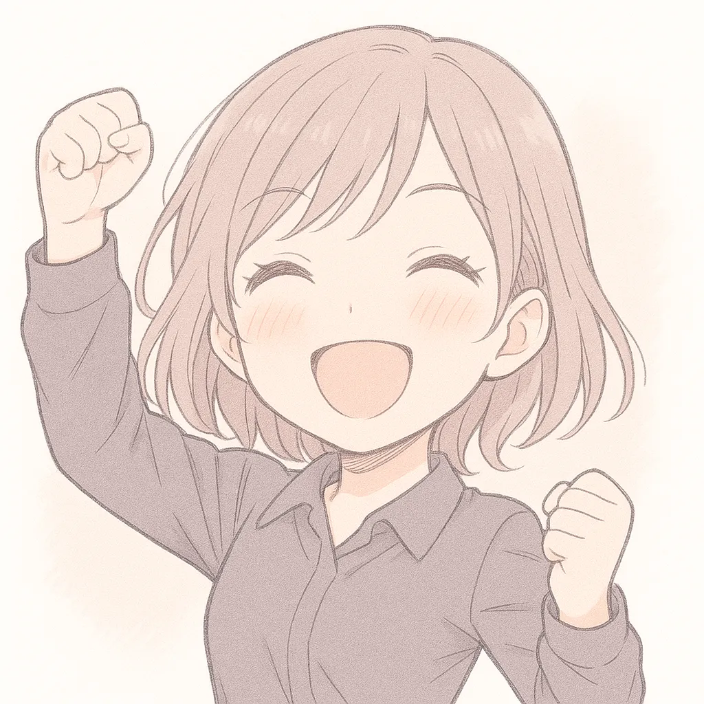 顔文字やったーな女の子 (≧∇≦)/｜嬉しさが弾けたようなやったーの表情をした女の子。両手のガッツポーズと満面の笑顔が見る人にも元気を与えるイラストです。参考AA：(≧∇≦)/