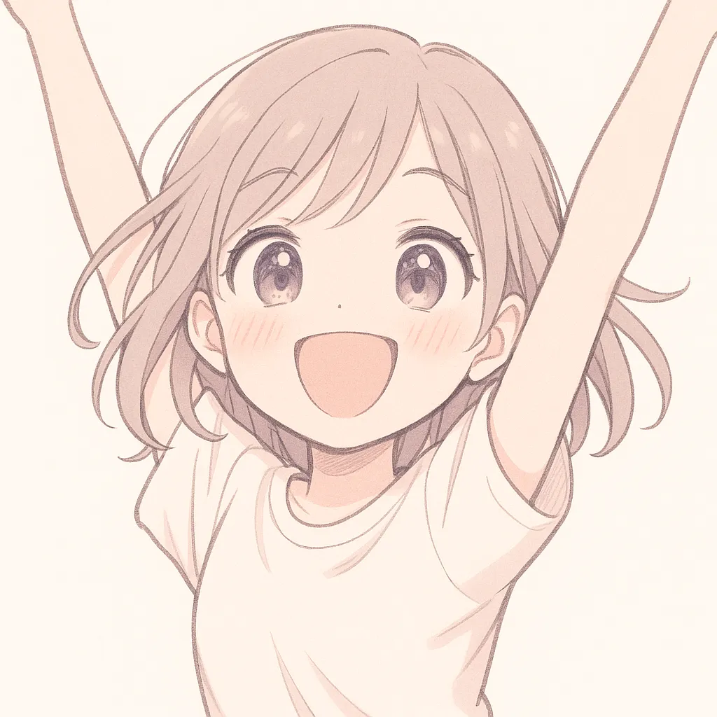 顔文字喜ぶ女の子 ＼(^o^)／｜腕を高く掲げて満面の笑顔を見せる女の子が、喜ぶ感情を体いっぱいに表現しています。素朴で温かみのある線画が心を明るくします。参考AA：＼(^o^)／