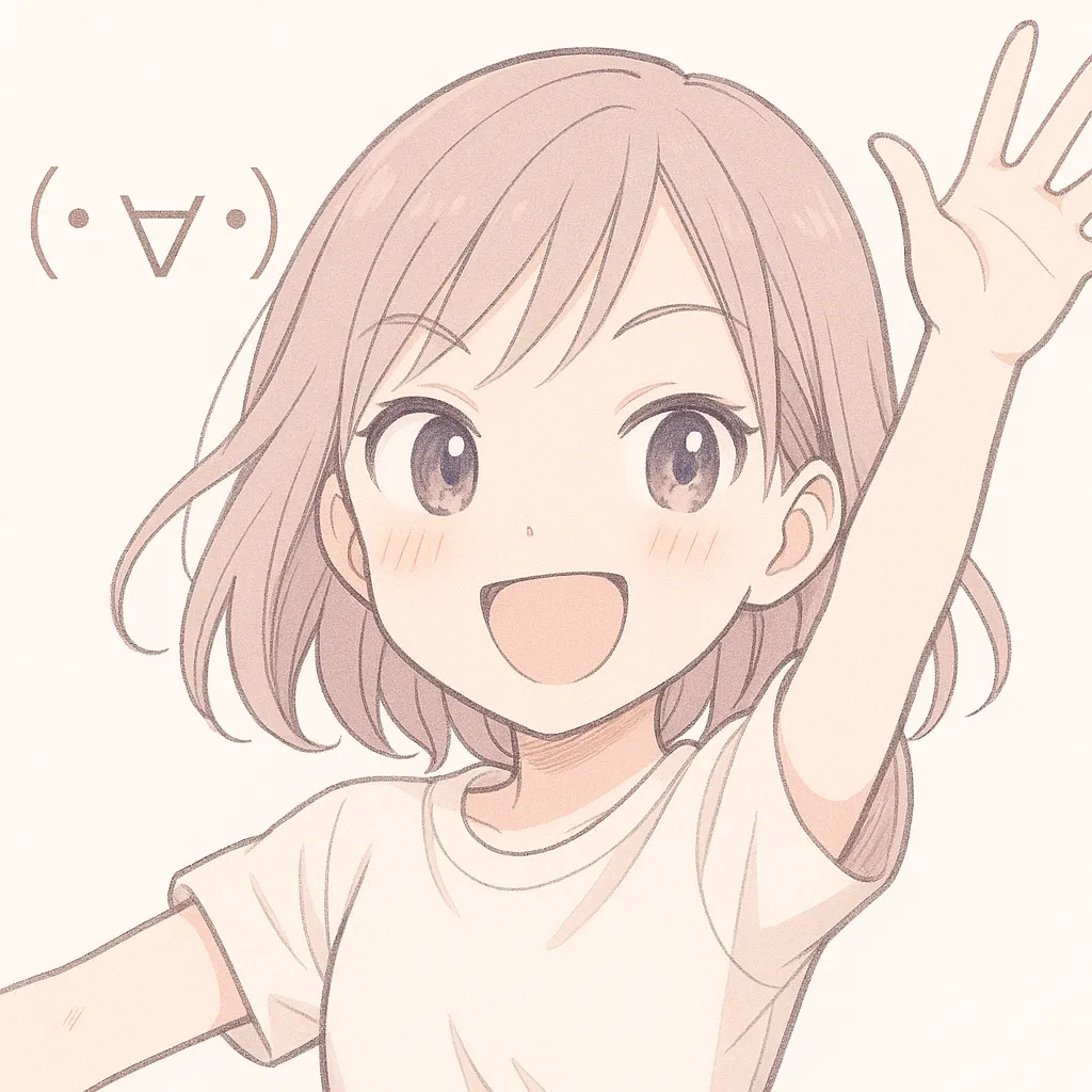 顔文字キターな女の子 (・∀・)｜片手を挙げて元気よく挨拶するような女の子が、キターの瞬間を象徴する姿で描かれています。表情の勢いと動きが軽快なイラストです。参考AA：(・∀・)