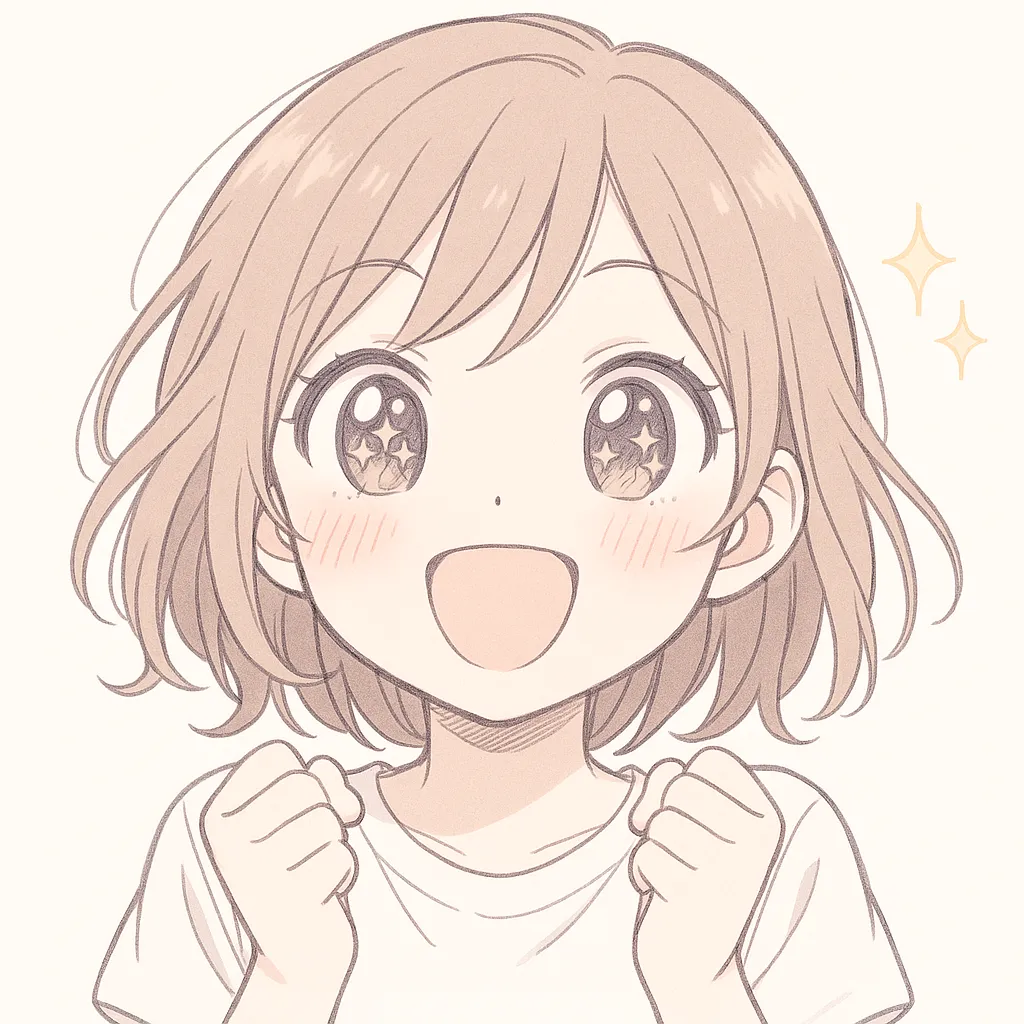 顔文字わくわくな女の子 (☆∀☆)｜瞳を輝かせて小さく拳を握るポーズで、女の子がわくわくとした期待に胸を膨らませている様子が伝わってきます。きらきらした表現が印象的です。参考AA：(☆∀☆)
