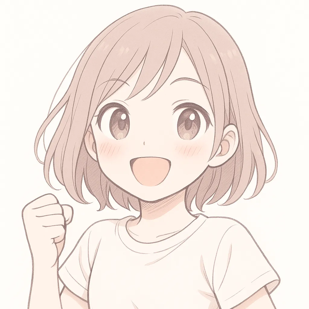 顔文字ガッツポーズの女の子 (๑•̀o•́๑)۶｜口元を引き締めて拳を握る女の子が、ガッツポーズで力強い意志を見せています。淡い色調ながら、元気と勇気がにじみ出るような描写です。参考AA：(๑•̀o•́๑)۶