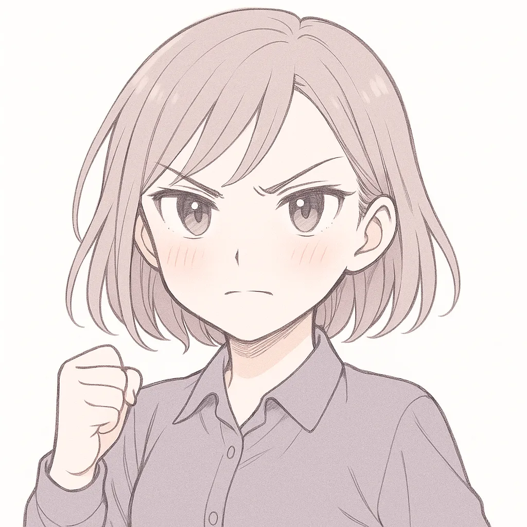顔文字キリッ女子｜スーツ姿の女の子がキリッとした眼差しで拳を握る構図。えいえいおーという気合が伝わる力強い仕上がり。 ( •̀ω•́ )و