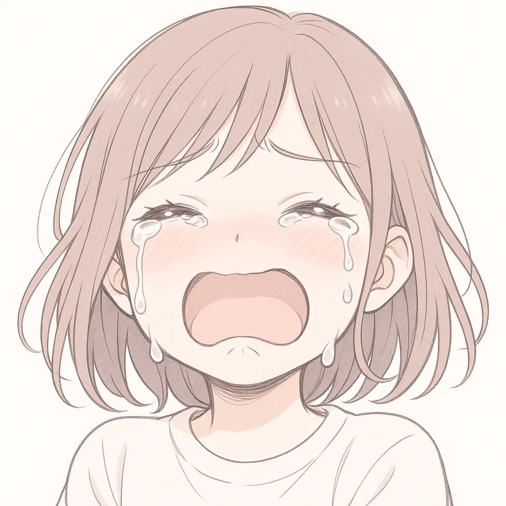 顔文字号泣女子｜大口を開けて号泣する姿が迫力満点。プギャーを叫ぶかのような激しい泣き顔がリアルに描かれている。 。ﾟ(ﾟﾉД｀ﾟ)ﾟ｡