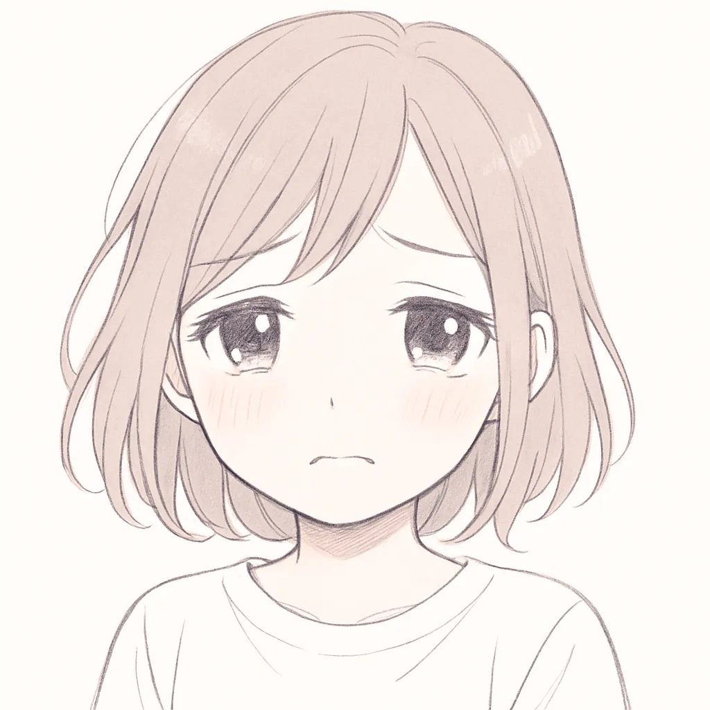顔文字悲しい女子｜静かに涙をこぼす悲しげな横顔に、心がキュッと締めつけられる。わくわくが崩れた瞬間を優しく切り取っている。 (；＿；)