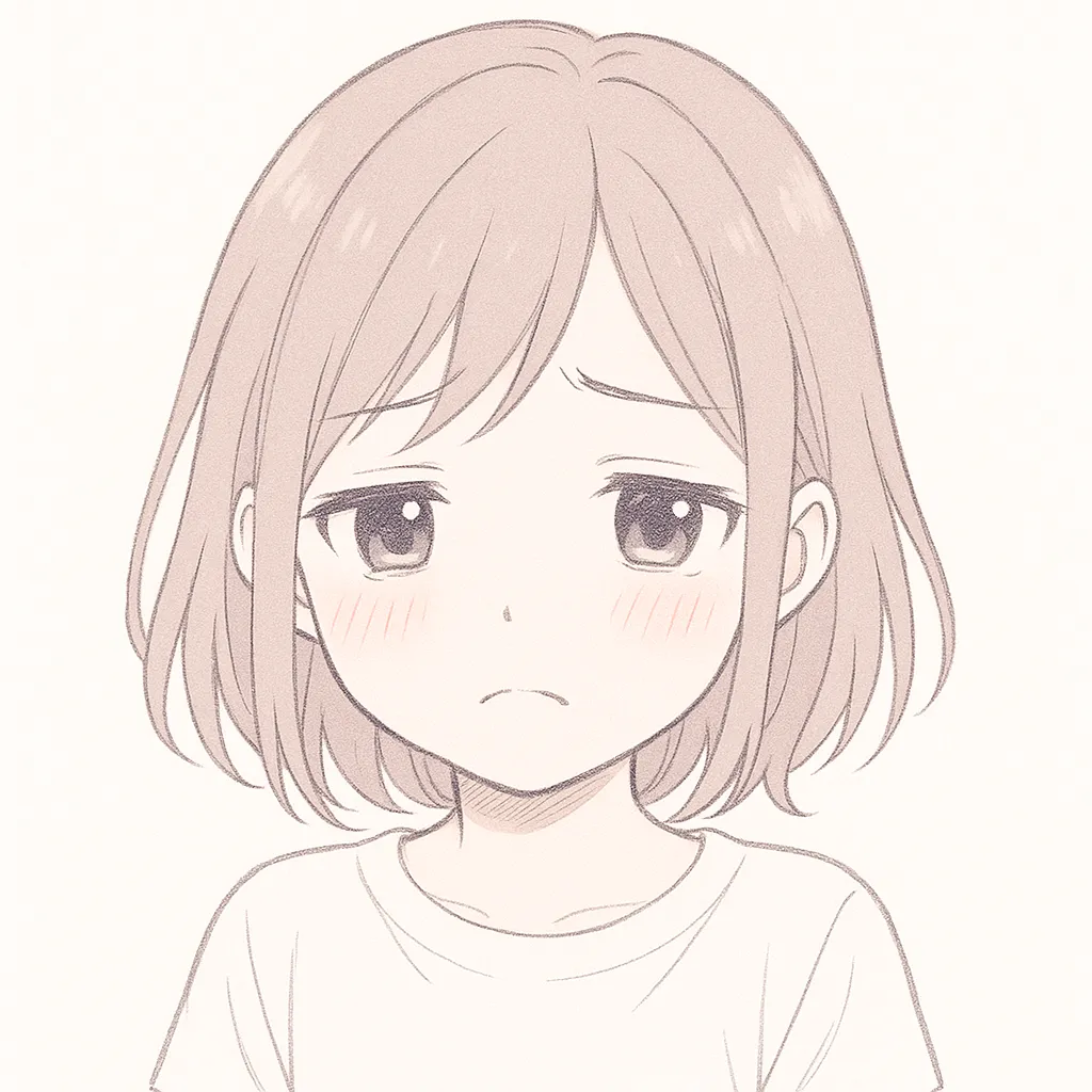 顔文字しゅん女子｜口をへの字に結んでうつむく女の子が印象的。しゅんとした気持ちが全体から伝わる、やわらかで繊細な表現。 (´・ω・｀)