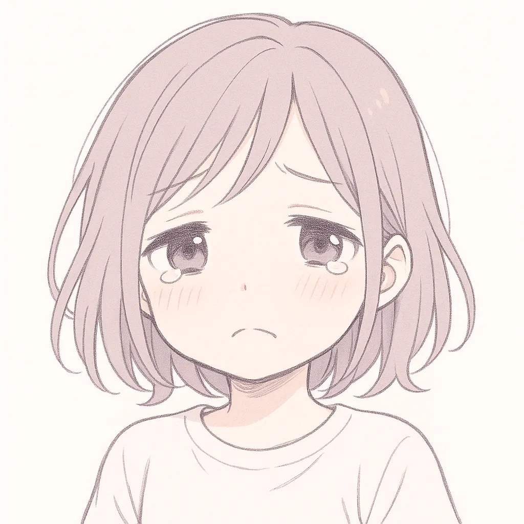 顔文字しょぼん女子｜小さな涙を浮かべて寂しそうにする様子が、しょぼんとした空気感に包まれている。淡い色合いが切なさを強調。 (´･_･`)