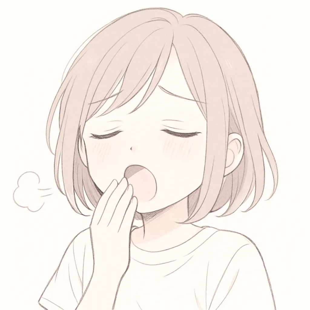 顔文字ため息女子｜大きくあくびをしながら手を口元に添える姿が、ため息混じりの眠気を感じさせる。うふふと笑えない脱力感。 ( ´Д｀)=3