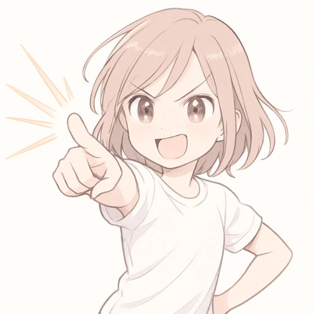 顔文字ビーム女子｜まっすぐ指を差して決めポーズ！ビームのような勢いで元気を発射する構図が、やったーの気持ちを代弁する。 (｀･ω･´)ゞ