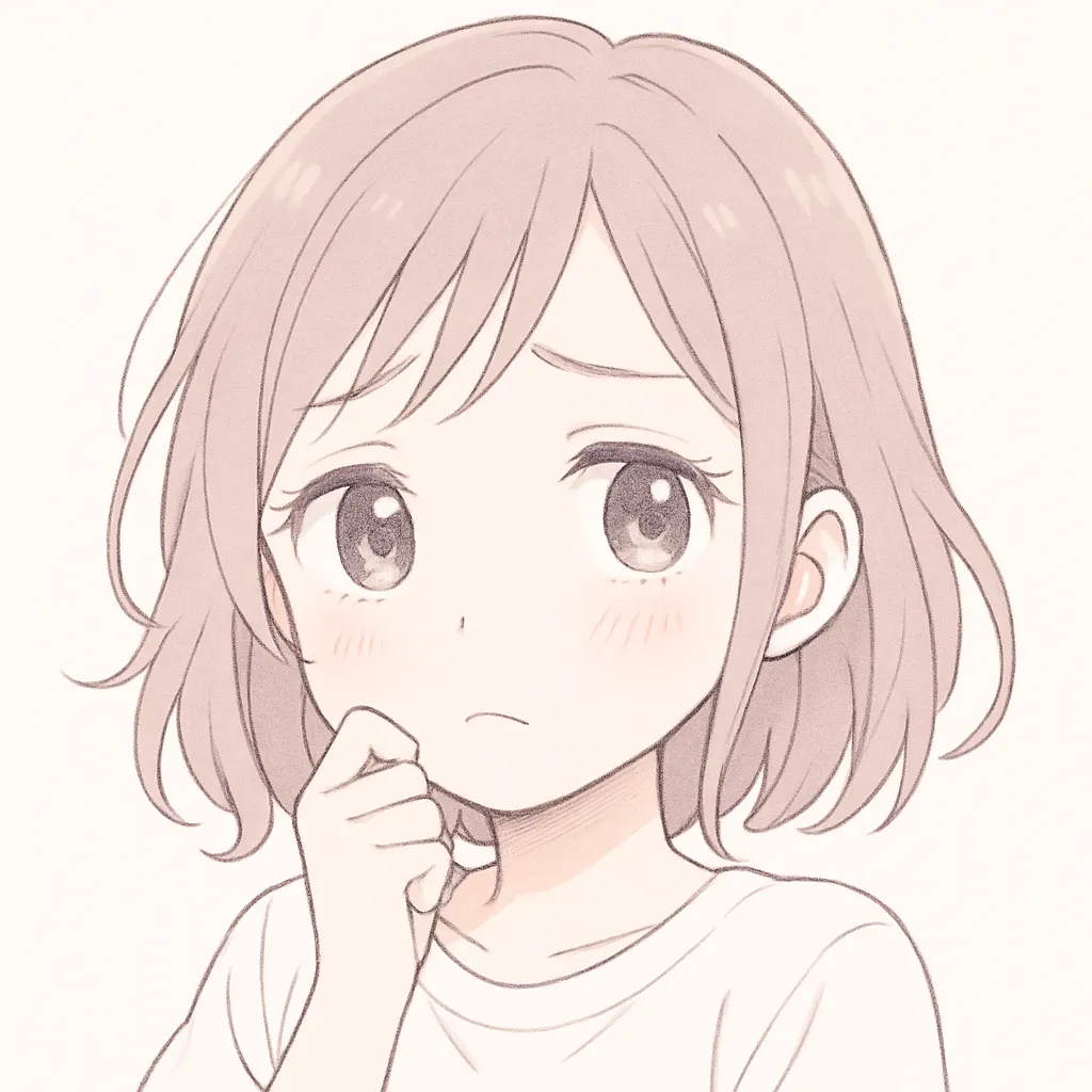 顔文字悩む女子｜指を口元に当てて視線をそらすような悩み顔。モヤモヤした気持ちがしょぼんと伝わる繊細なタッチ。 (｡-_-｡)