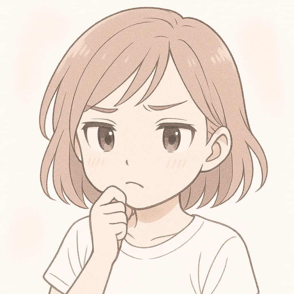 顔文字うーん女子｜唇をぎゅっと結んで真剣に考え込む表情が特徴的。うーんと考えあぐねる様子が伝わる丁寧な描写。 (｡･ˇ_ˇ･｡)