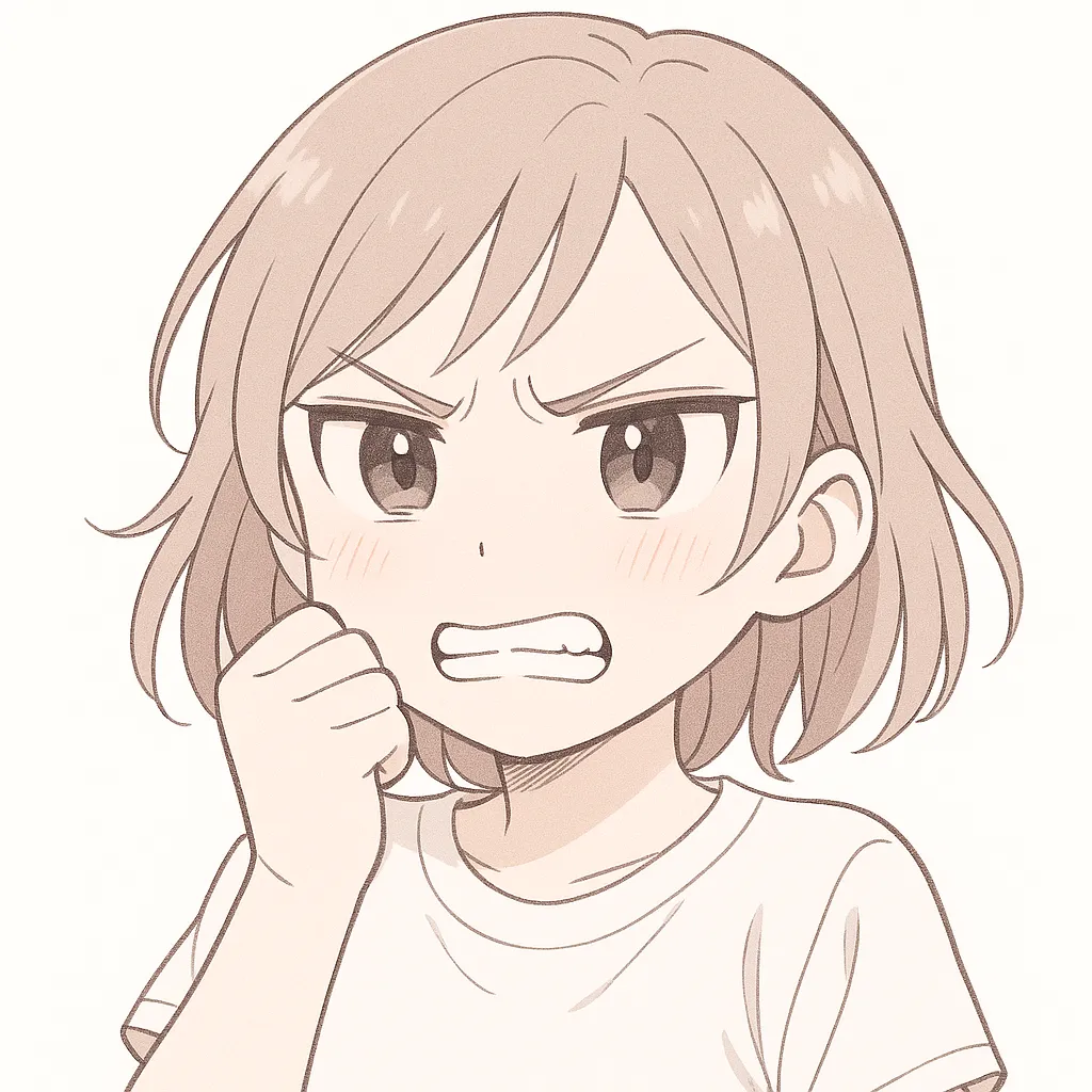 顔文字ぐぬぬ女子｜歯を食いしばるような表情と握りこぶしが悔しさをにじませる。ぐぬぬと唸る姿が微笑ましい。 (≧皿≦)