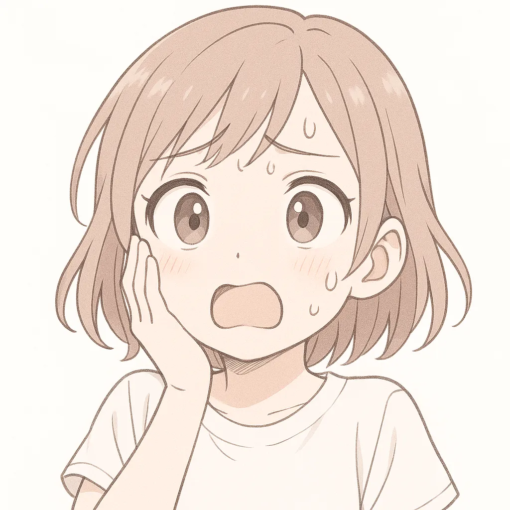 顔文字焦る女子｜大きく開いた目と汗の描写で焦る感情を巧みに表現。わくわくの裏返しのような切迫感が魅力。 (;ﾟДﾟ)!
