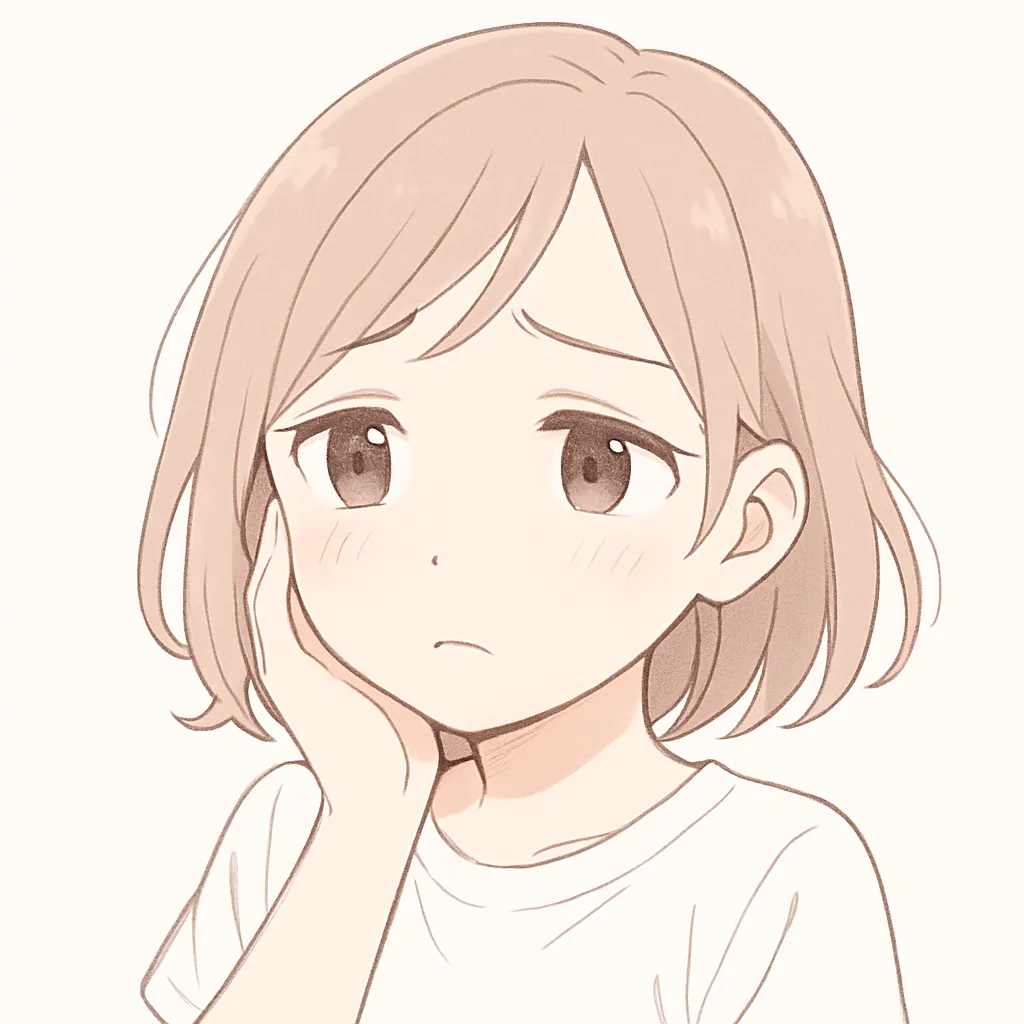 顔文字心配女子｜頬に手を添えて視線を落とす姿が、心配そうな気持ちを繊細に描き出す。しゅんとした空気感が優しく伝わる。 (´・д・｀)