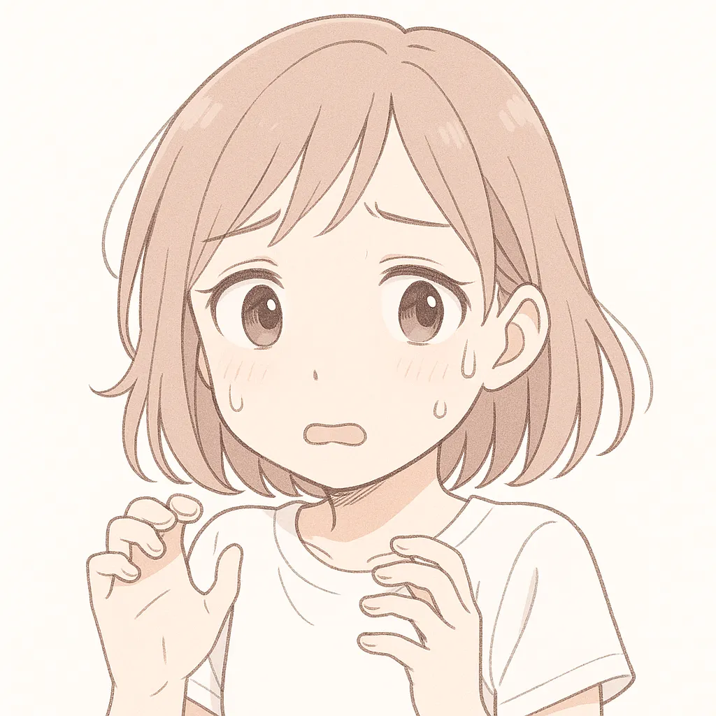 顔文字そわそわ女子｜手の動きと汗の描写が、そわそわと落ち着かない様子をリアルに表現。ドキドキする瞬間が伝わる仕上がり。 (;・∀・)