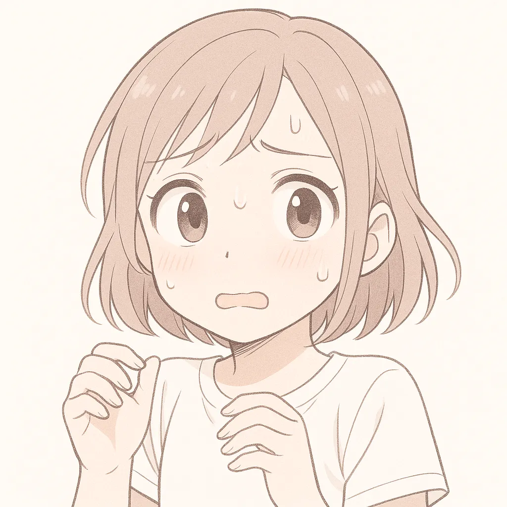 顔文字汗女子｜焦りや緊張を表す大粒の汗と不安げな表情が特徴。プギャーとは対極の真面目モードを見せる一枚。 (；・ω・)