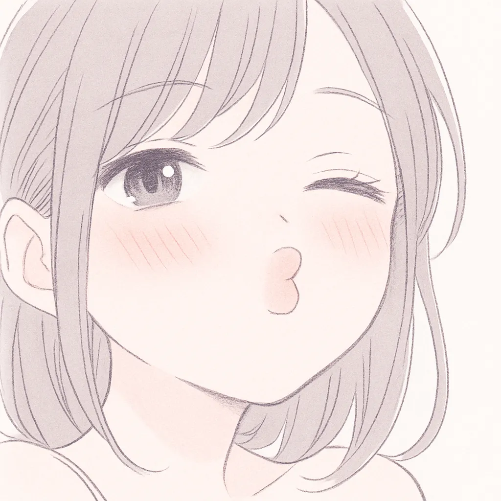 キス顔文字｜そっと唇を尖らせた一瞬を、やわらかい色彩で包みました。瞳にはとろりとした甘さがあり、(づ￣ ³￣)づ のような距離の近さが漂います。淡いピンクに染まるほっぺが、静かに想いを伝える一枚です。