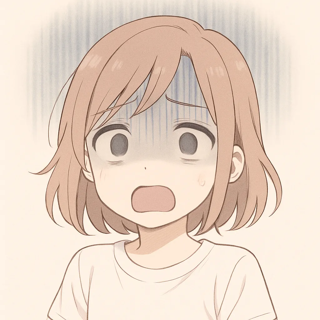 ガーン顔文字の女の子｜淡い色使いで描かれた女の子がガーンと絶望している様子。アニメ風の強調線が落胆のインパクトを強め、ガーンという気持ちを表情全体で演出している。(；ﾟДﾟ)