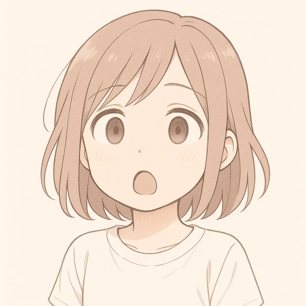 ポカーン顔文字の女の子｜シンプルな線画にやわらかな色合いで、ポカーンと口を開けた女の子が描かれている。まるで何かに驚き固まった瞬間のようなポカーン感が漂う表情。(　ﾟдﾟ)