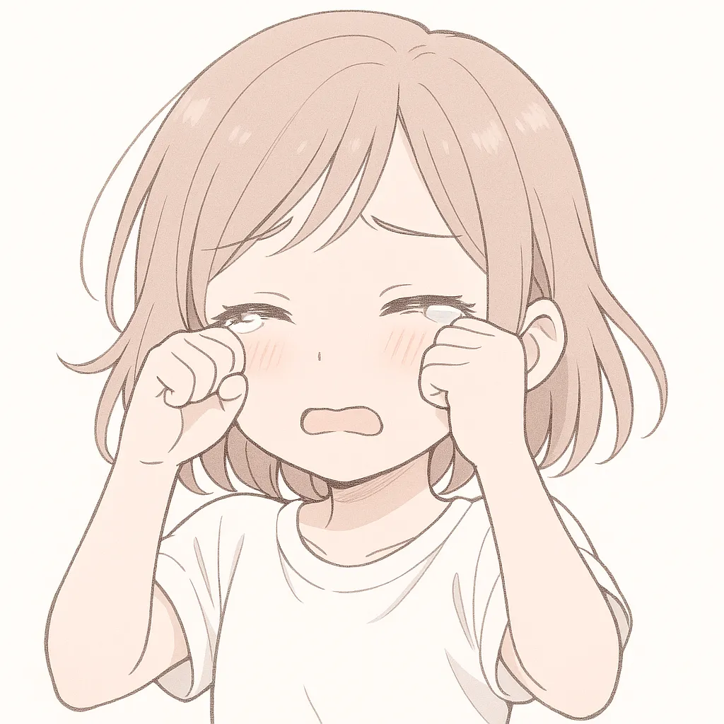 ゴシゴシ顔文字の女の子｜泣き顔で目元をゴシゴシこする女の子の姿が、優しい線で丁寧に表現されている。涙ぐみながらのゴシゴシは、感情のあふれ出る瞬間を捉えている。(´；ω；｀)