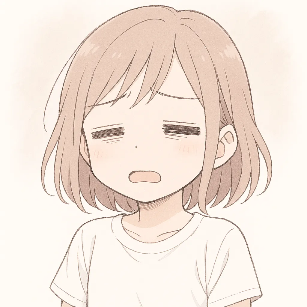 オワタ顔文字の女の子｜すべてを悟ったような顔で「オワタ」と言いたげな女の子が、脱力感たっぷりに描かれている。淡い配色とだらんとした目元がオワタ感を際立たせる。(´Д｀)