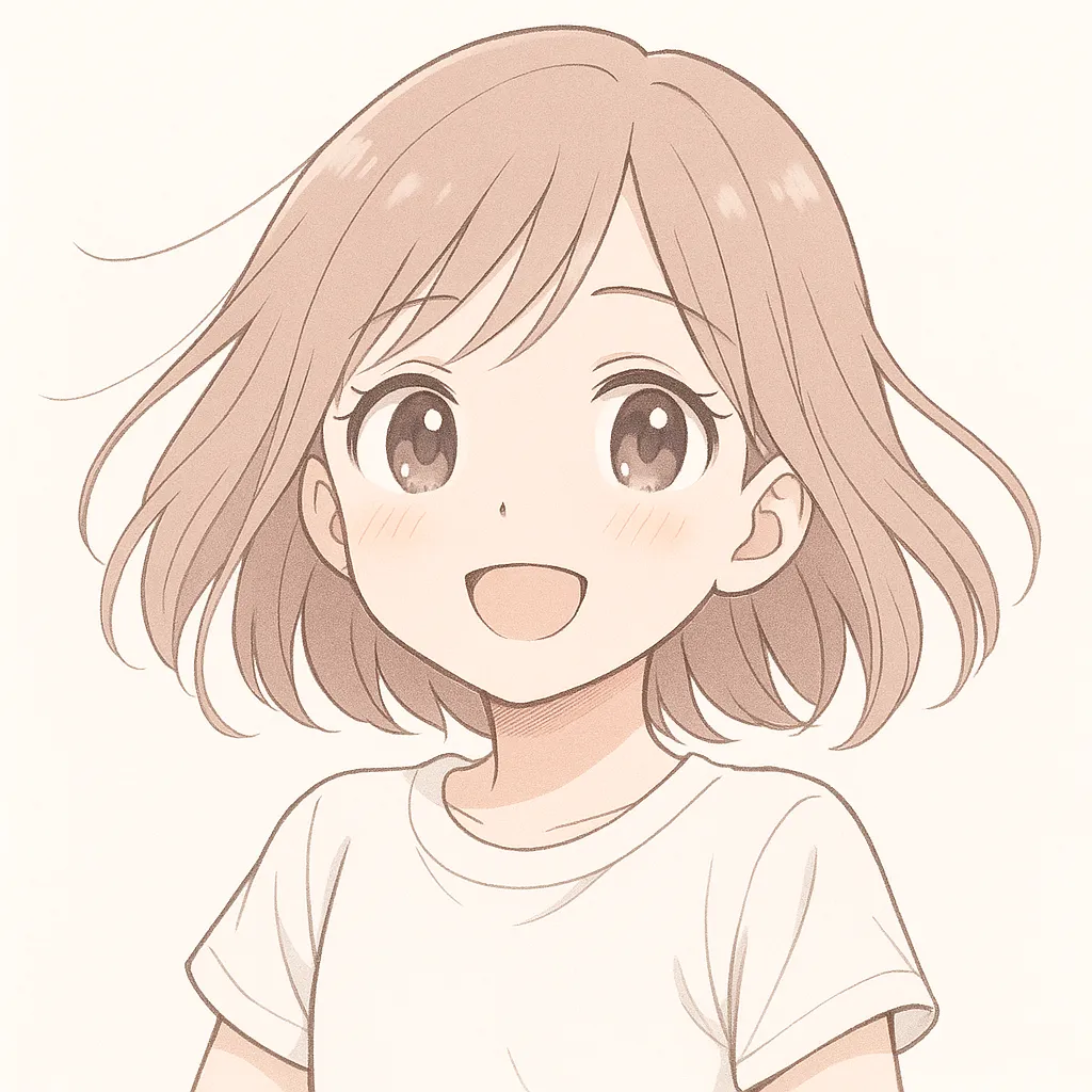 サラサラ顔文字の女の子｜軽やかな風に髪をサラサラとなびかせ、明るい笑顔を見せる女の子。柔らかな線と光の表現が、サラサラした爽やかさと無垢な雰囲気を伝えてくれる。(＾▽＾)