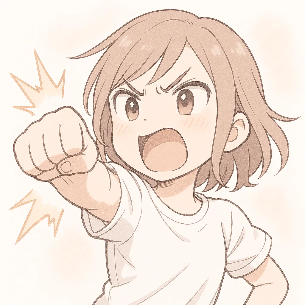 パンチ顔文字の女の子｜勢いよく拳を突き出す女の子がパンチの瞬間を決める構図。力強く描かれた線と表情が、パンチを繰り出す迫力を伝えてくる。(｀･ω･´)ゞ