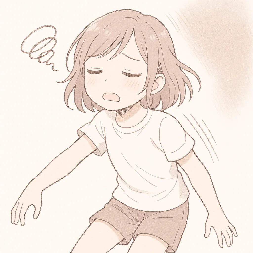 倒れる顔文字の女の子｜気力を使い果たしたように体をぐったり倒した女の子。力の抜けたポーズと困った表情が、倒れる瞬間の疲労感を巧みに表している。(´Д｀;)
