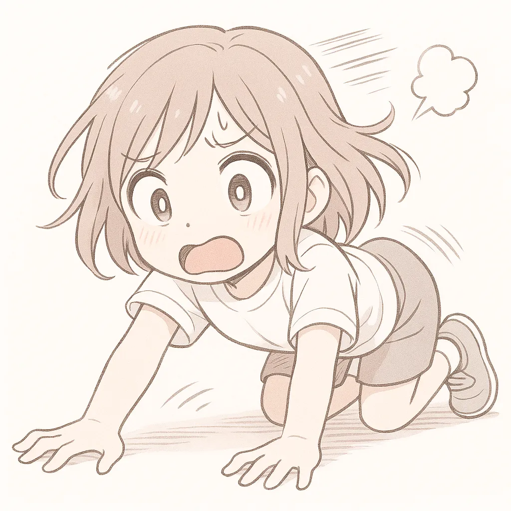 ズコー顔文字の女の子｜何かに驚きながらズコーッと転げたような女の子。動きのある描線と焦り顔で、ズコーな状況がユーモラスに描かれている。(；・∀・)
