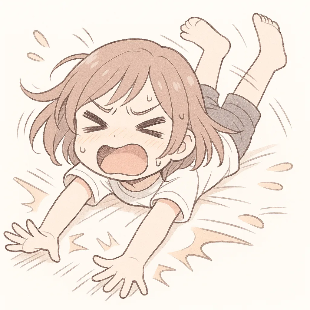じたばた顔文字の女の子｜床に倒れこみながらじたばたする女の子が、感情を全身でぶつけている。汗と叫びの勢いが、じたばた感を最大限に表現している。(ﾉ｀□´)ﾉ⌒┻━┻