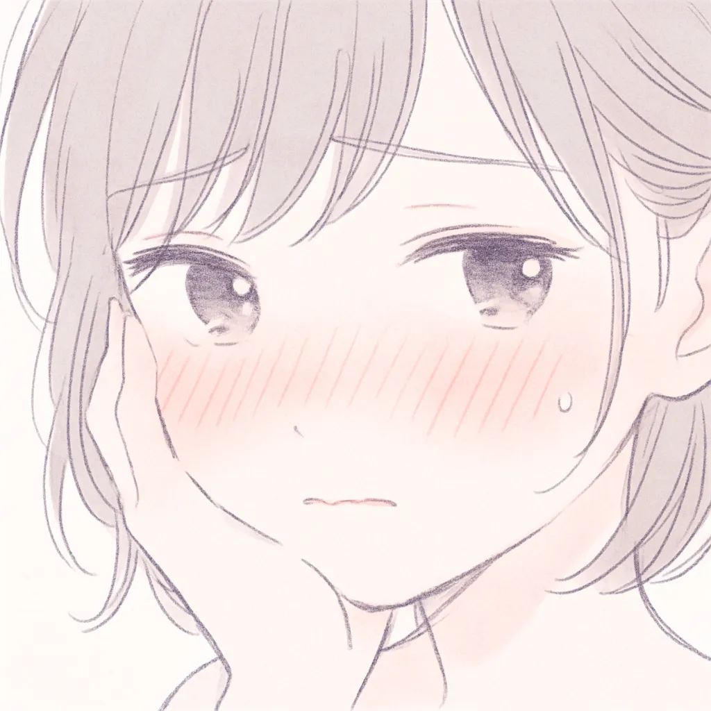 照れる顔文字｜ほっぺがじんわり染まっていく、あの「照れ」の瞬間を描きました。目線は泳ぎ気味で、///や(〃ω〃)を思わせるあたたかな空気。ふんわりとした輪郭と淡い彩色が、感情の揺らぎをそっと支えています。