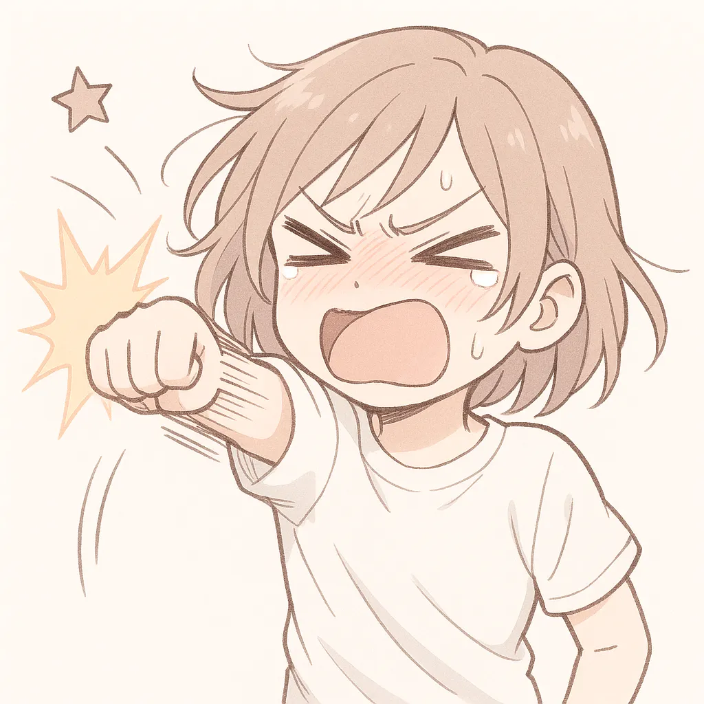 殴る顔文字の女の子｜怒りのこもった表情で拳を振りぬく女の子が、思い切り殴る動作を描写。汗と赤らんだ顔が感情の高ぶりをリアルに伝える。(ノ｀Д´)ノ