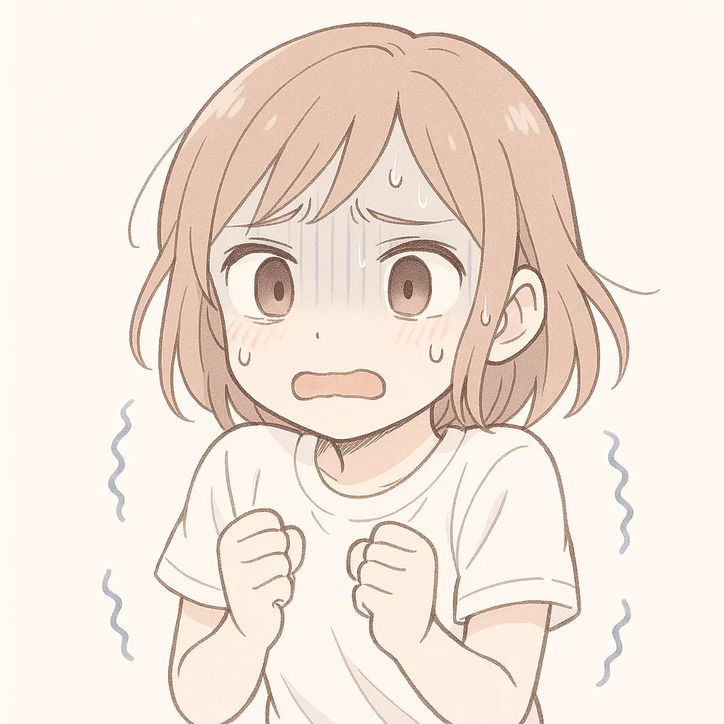 震える顔文字の女の子｜青ざめた顔で小刻みに震える女の子が、恐怖や不安に耐えている様子。震える手と背景の縦線が、心のざわつきを表している。(´；д；`)