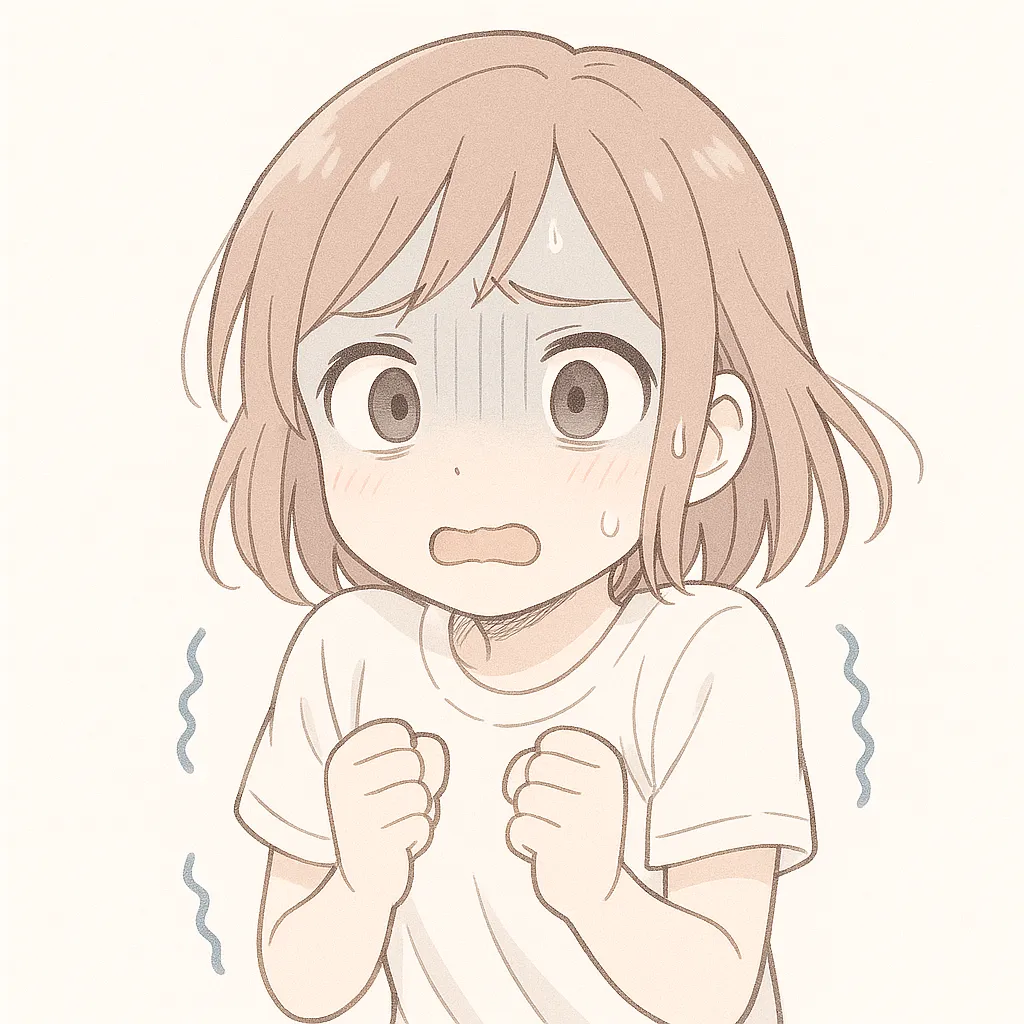 寒い顔文字の女の子｜冷気にさらされて寒いと感じている女の子の様子。表情のこわばりと体のすぼまり方から、寒い空気が伝わってくるよう。(＞_＜;)