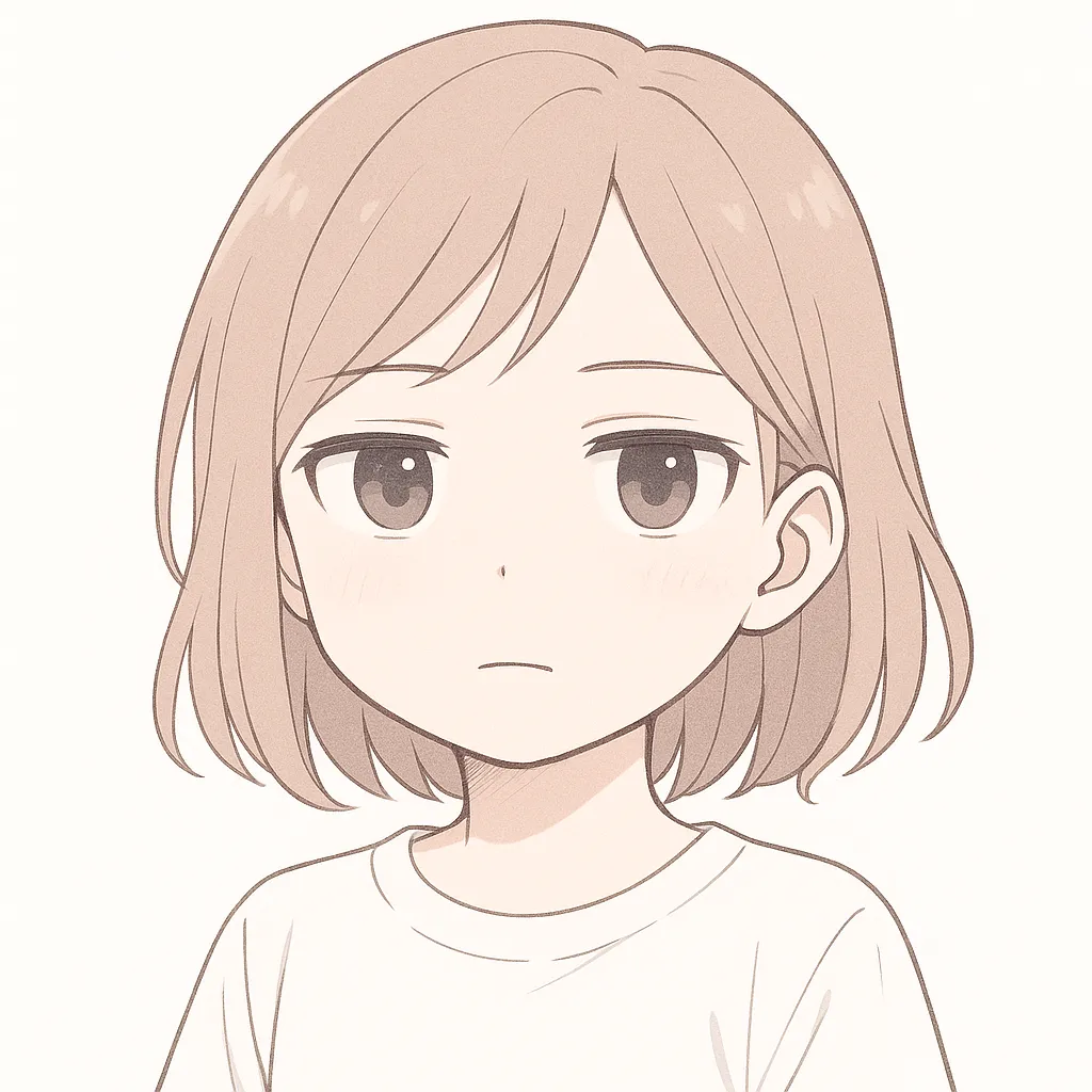 真顔顔文字の女の子｜感情を抑えた真顔の女の子が、淡々とした空気をまとって静かに立つ。シンプルな線と無表情の目元が真顔の印象を強める。(・_・)
