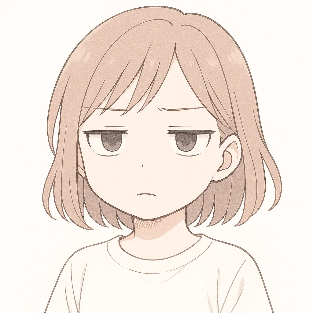 ジト目顔文字の女の子｜目を細めてジト目を向ける女の子が、呆れや冷静なツッコミを表現。微妙な眉の角度と半眼の演出がジト目のリアルさを引き立てる。(¬_¬)