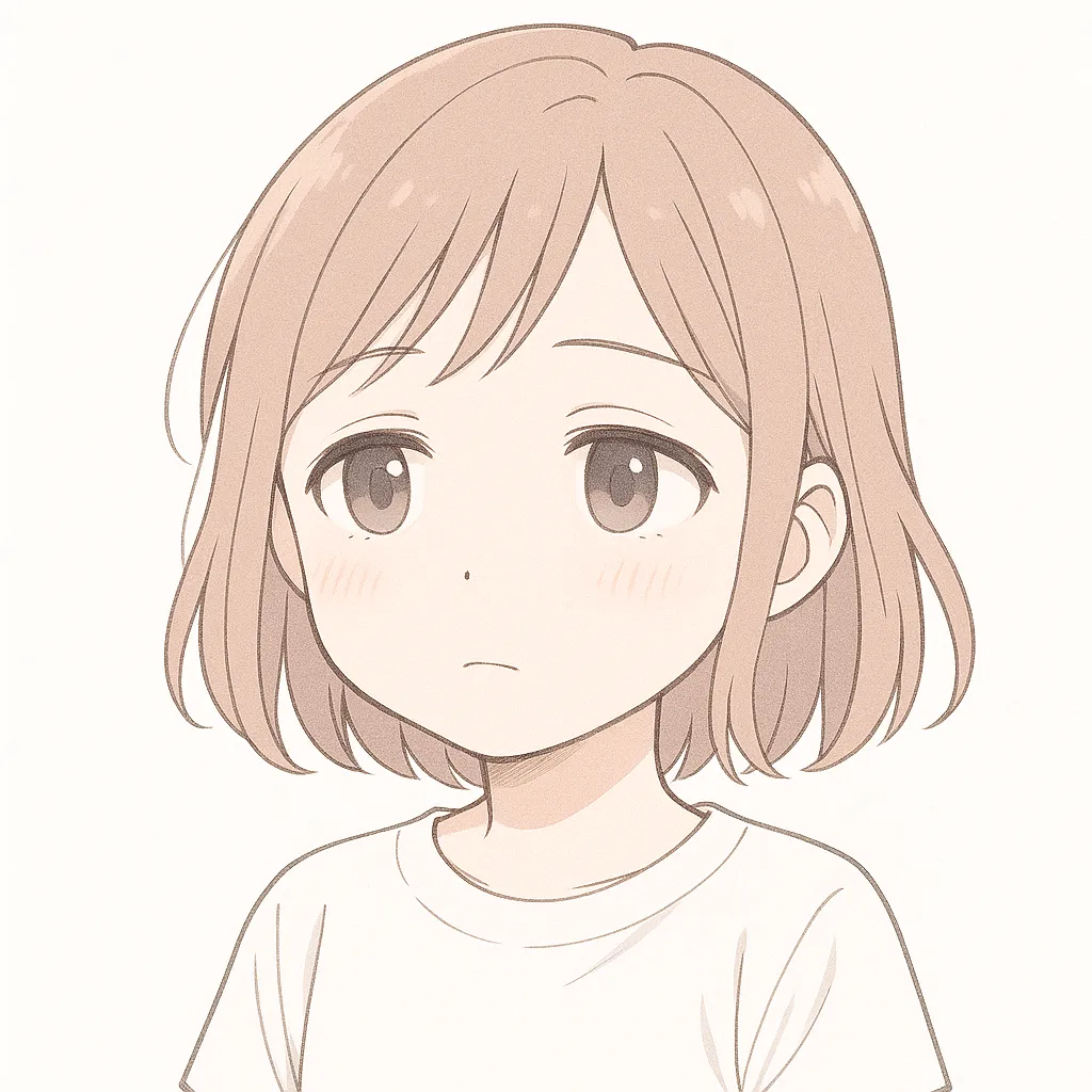 遠い目顔文字の女の子｜どこか物思いにふけるような遠い目をした女の子。淡い色調と静かなまなざしが、遠い目の感傷的な雰囲気を演出している。(￣ー￣)
