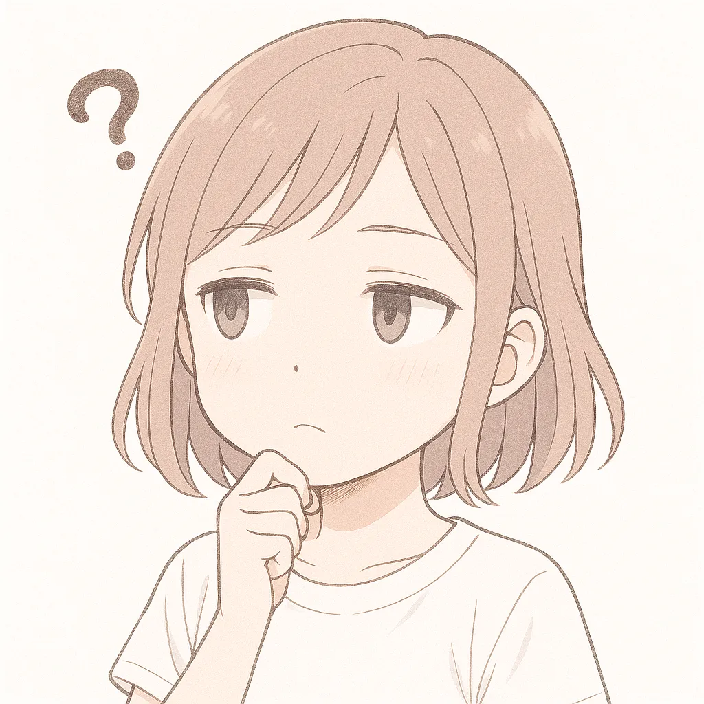 考える顔文字の女の子｜あごに手を添えてじっと考える表情の女の子。控えめな眉と視線が、考える動作を丁寧に伝え、静かな集中を感じさせる。(｀・ω・´)